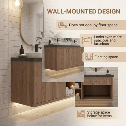 60"-96"Rustic Oak Bathroom Vanity Set with Marble Top & Gold Mirrors