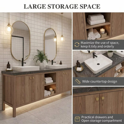 60"-96"Rustic Oak Bathroom Vanity Set with Marble Top & Gold Mirrors