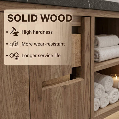 60"-96"Rustic Oak Bathroom Vanity Set with Marble Top & Gold Mirrors