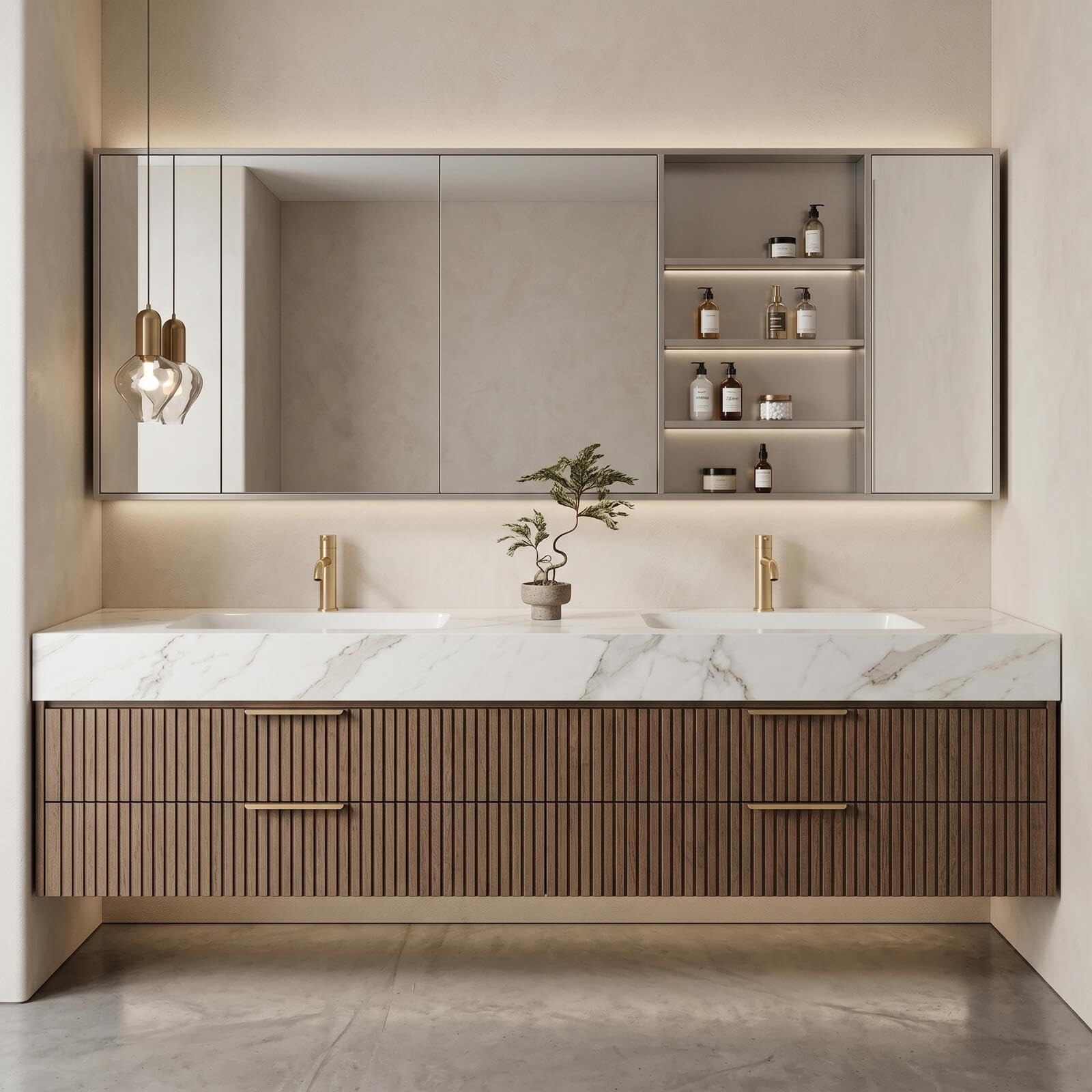60"-96"Modern Floating Double Sink Vanity with Slatted Front Panel