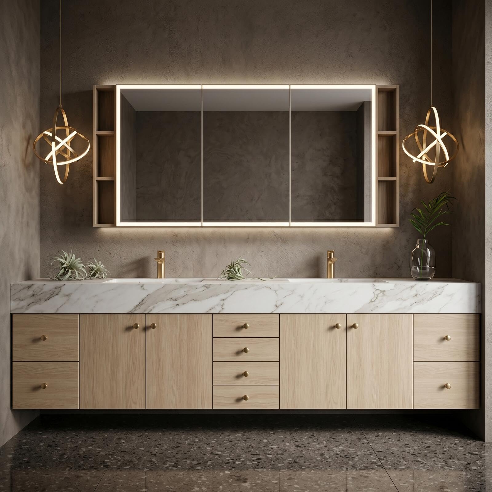 68''-96''Modern Floating Double Sink Vanity Featuring Warm Light Wood Finish