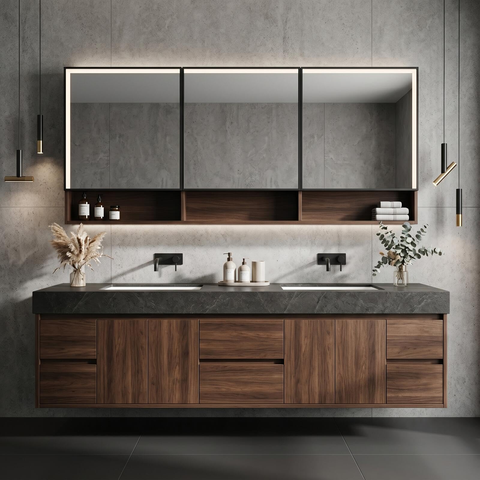 68''-96'' Luxurious Floating Double Sink Vanity with Rich Walnut Wood Grain Finish