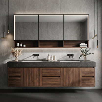 68''-96'' Luxurious Floating Double Sink Vanity with Rich Walnut Wood Grain Finish