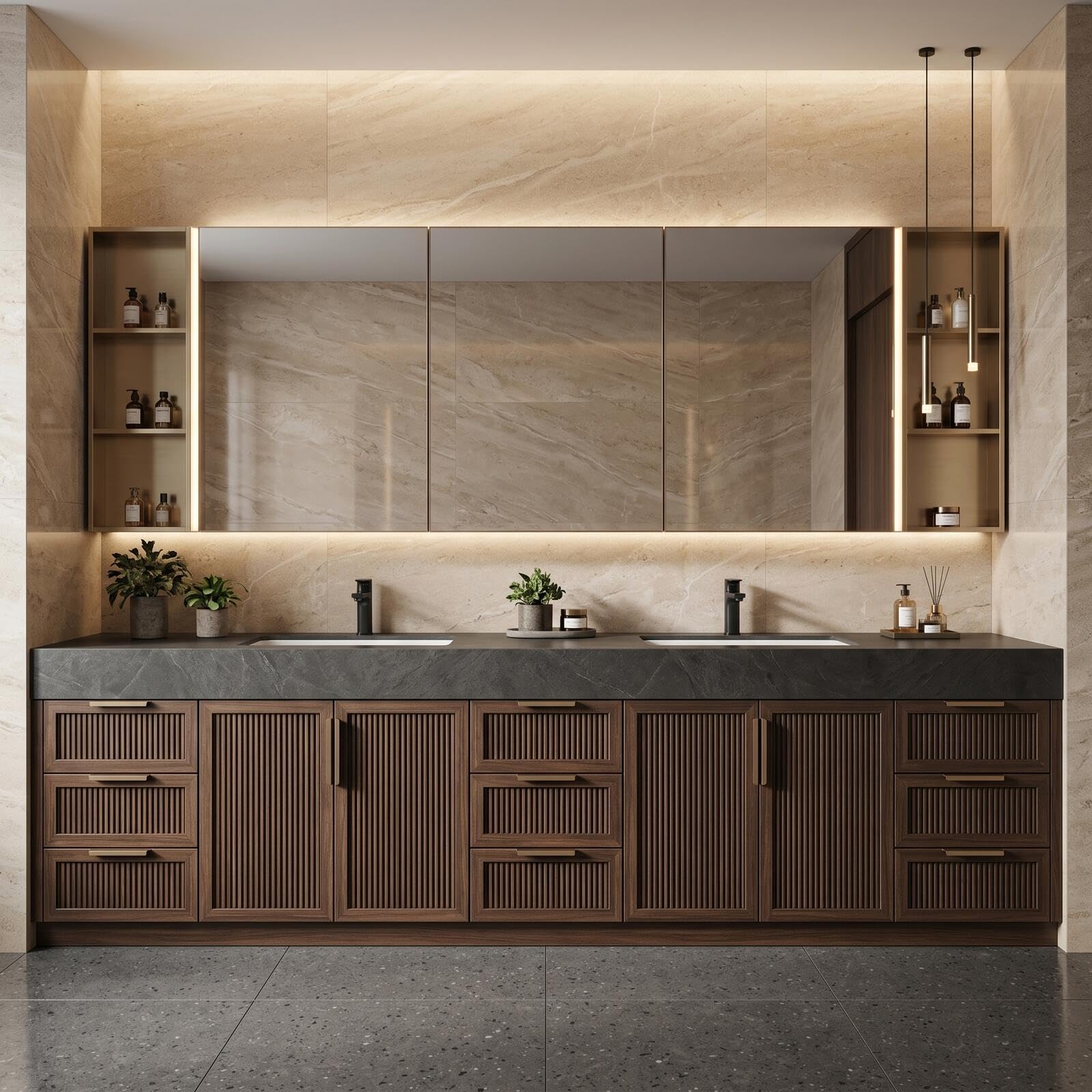 68” - 96”Modern Floating Double Vanity with Dark Stone Top