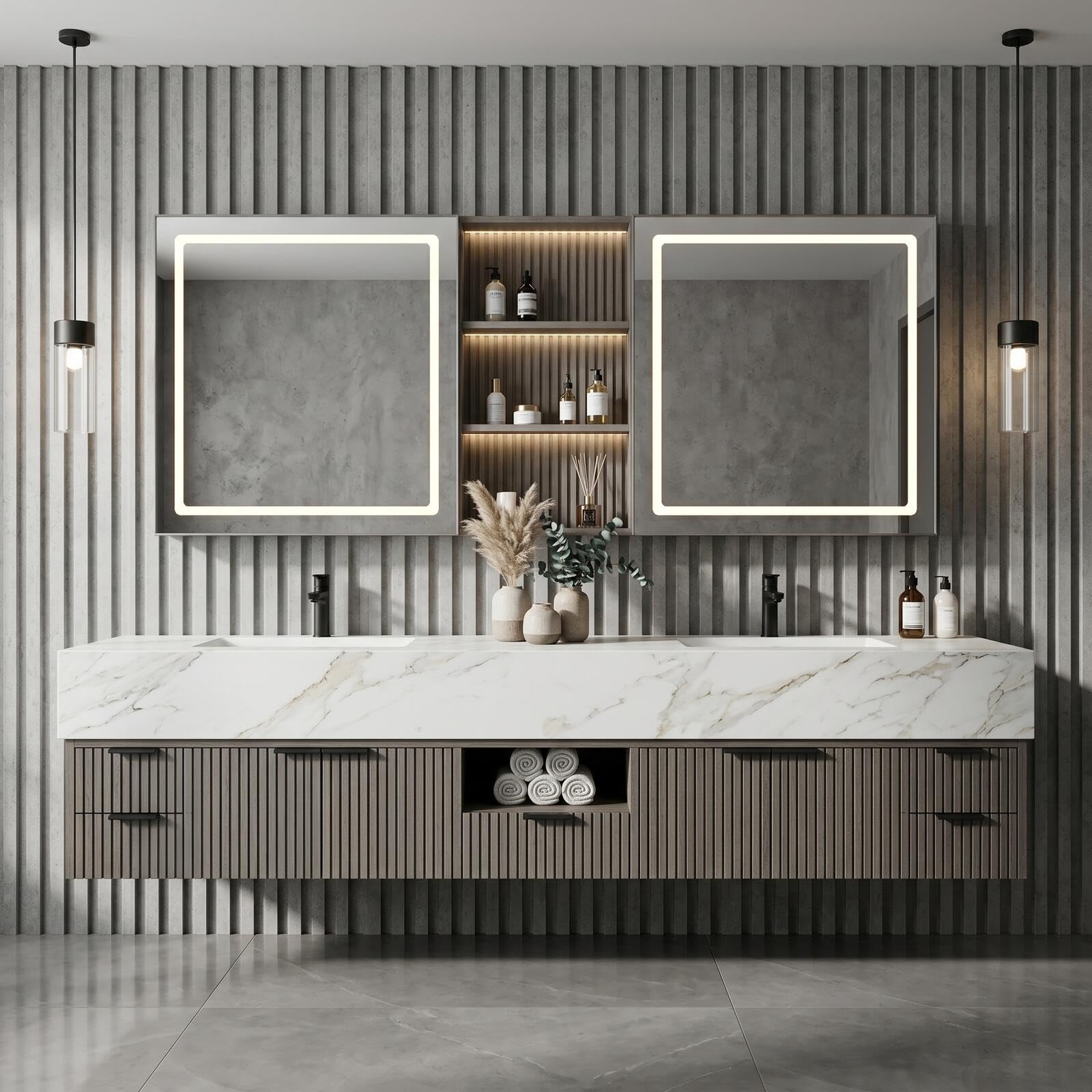 68“-96”Double Sink Vanity with Vertical Slatted Front