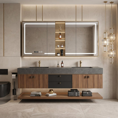 60''-96''Modern Floating Double Vanity with Dark Stone Top