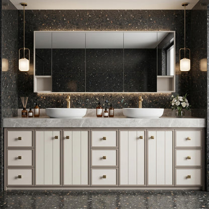 68‘’-96‘’Modern Floor Standing Double Sink Vanity with White Paneled Front