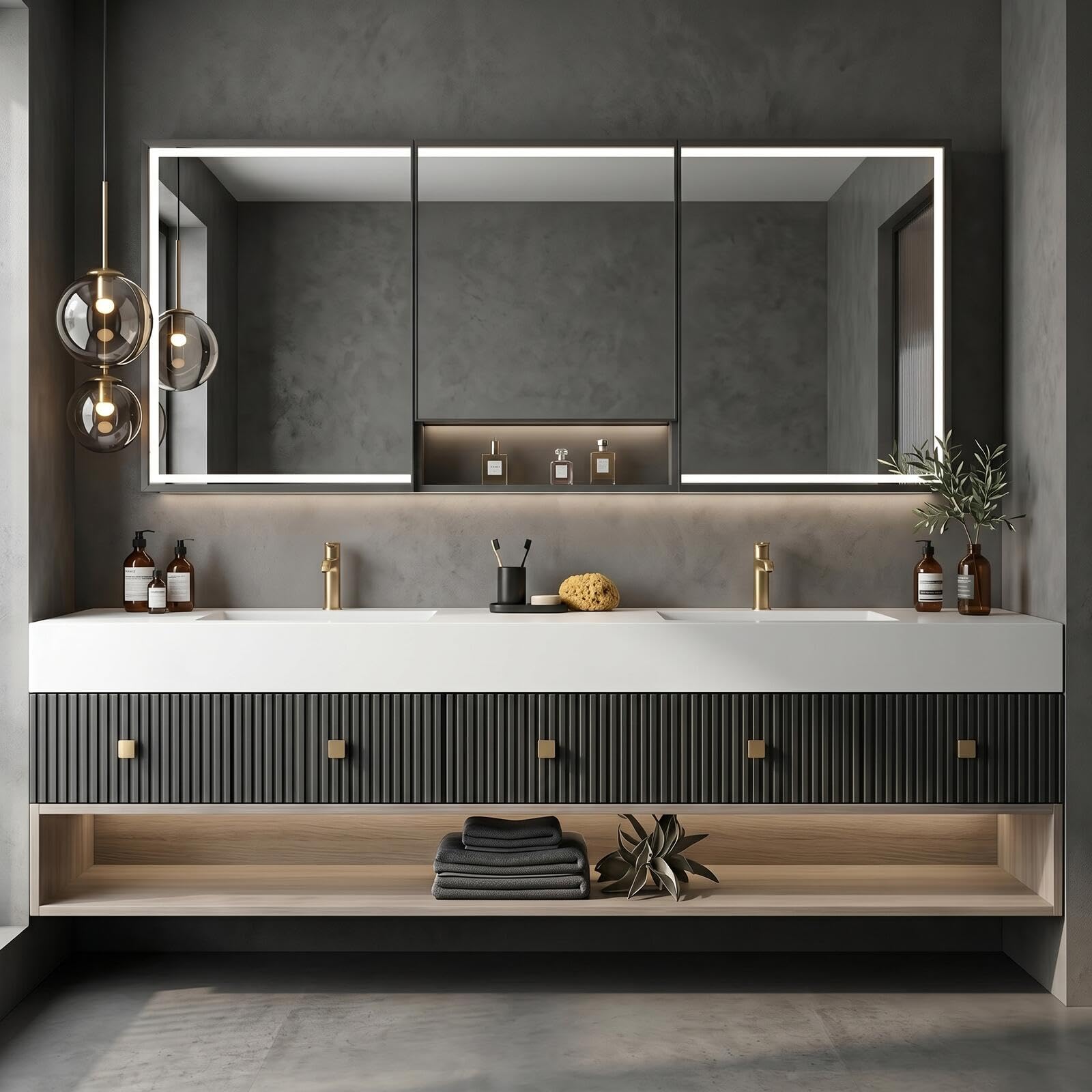 68''-96''Bathroom Vanity with Sink Modern Floating Featuring Ribbed Panel Fronts in Dark Grey