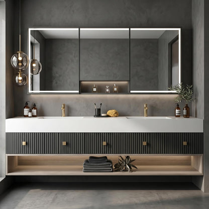 68''-96''Bathroom Vanity with Sink Modern Floating Featuring Ribbed Panel Fronts in Dark Grey