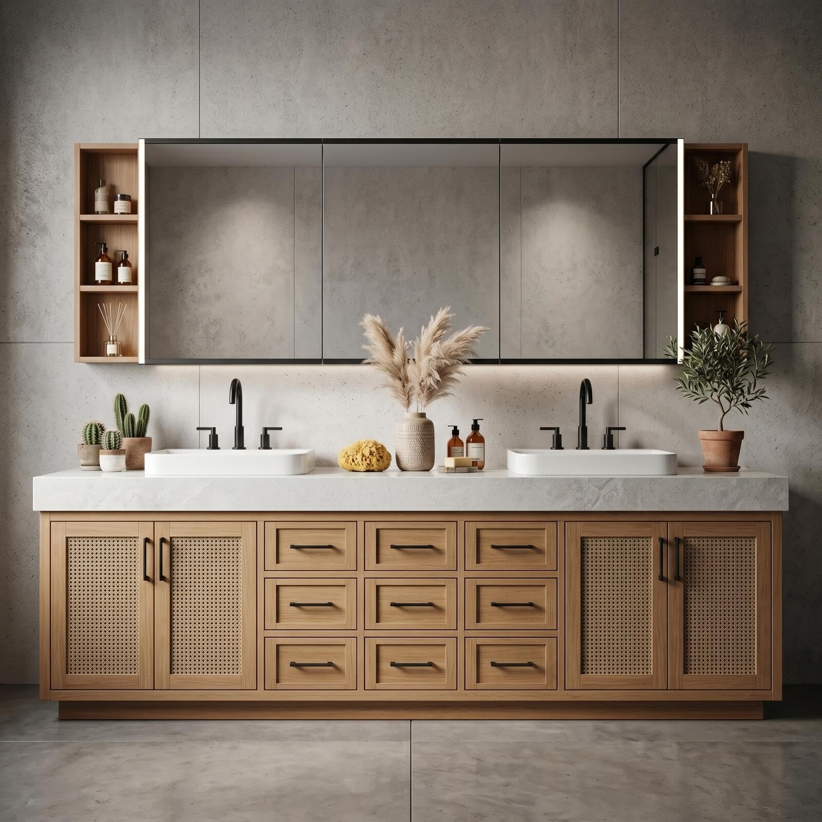 68‘’-96‘’Bathroom Vanity with Sink Modern Solid Wood Double Sink Vanity with Cane Mesh Doors