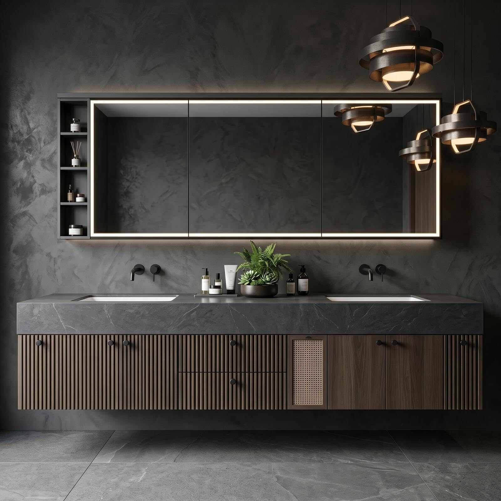 68‘’-96‘’ Luxury Floating Double Sink Bathroom Vanity with Dark Walnut Finish