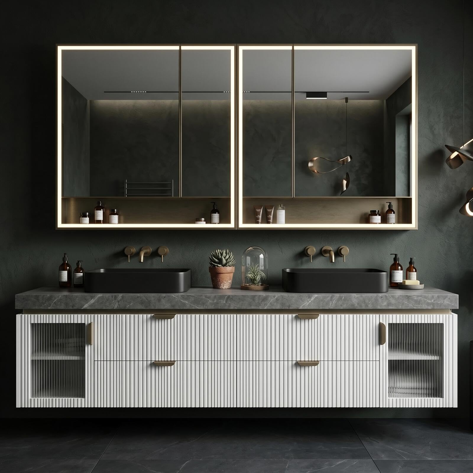 60''-96''Bathroom Vanity with Sink Double Sink Floating Vanity with Fluted Ribbed Panels