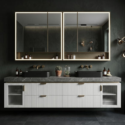 60''-96''Bathroom Vanity with Sink Double Sink Floating Vanity with Fluted Ribbed Panels