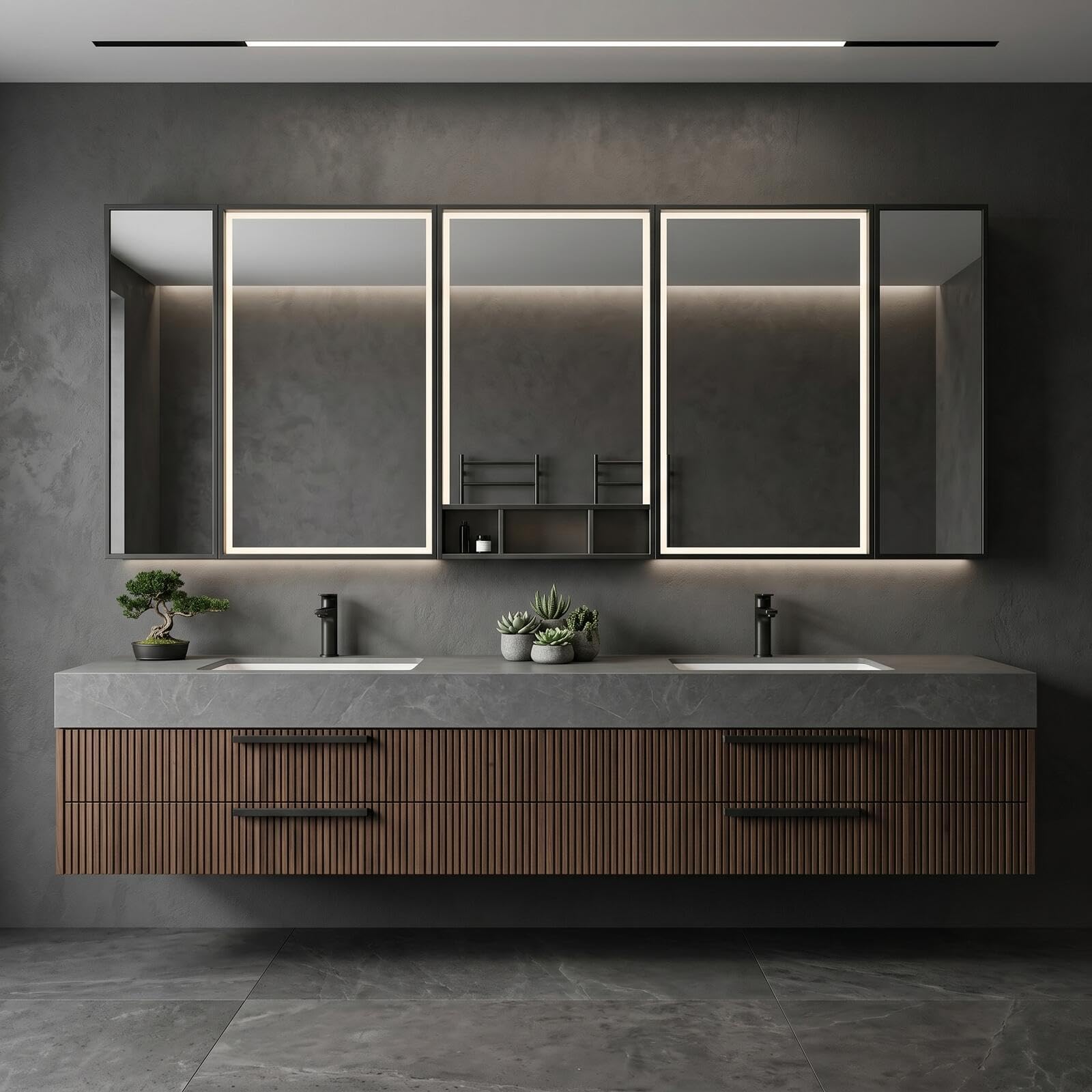 60‘’-96‘’ Modern Floating Double Sink Vanity with Grey Stone Top
