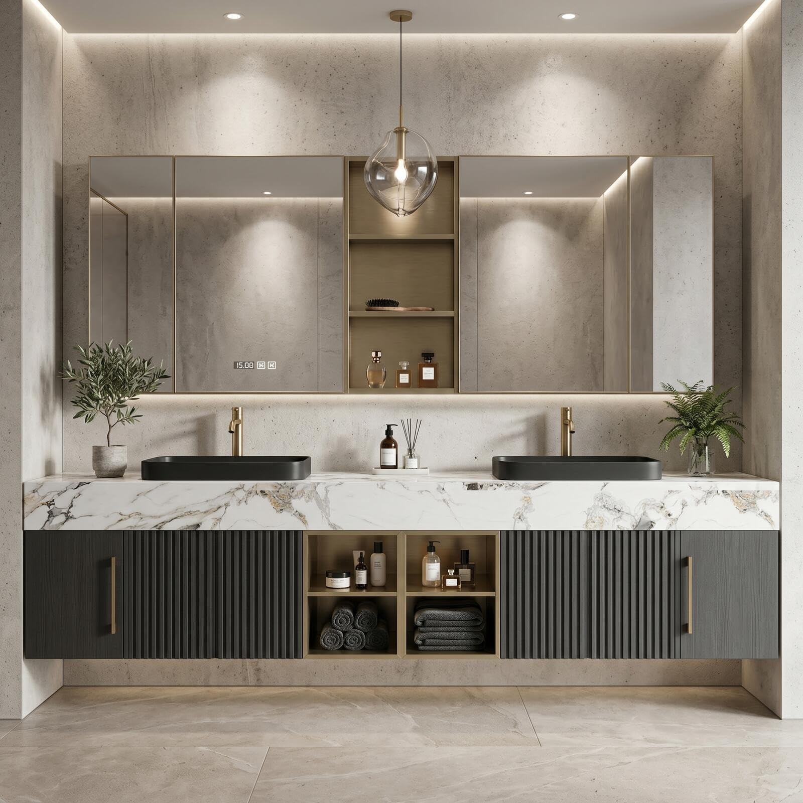68''-96''Sleek Modern Floating Double Sink Vanity with Dark Grey Fluted Panels