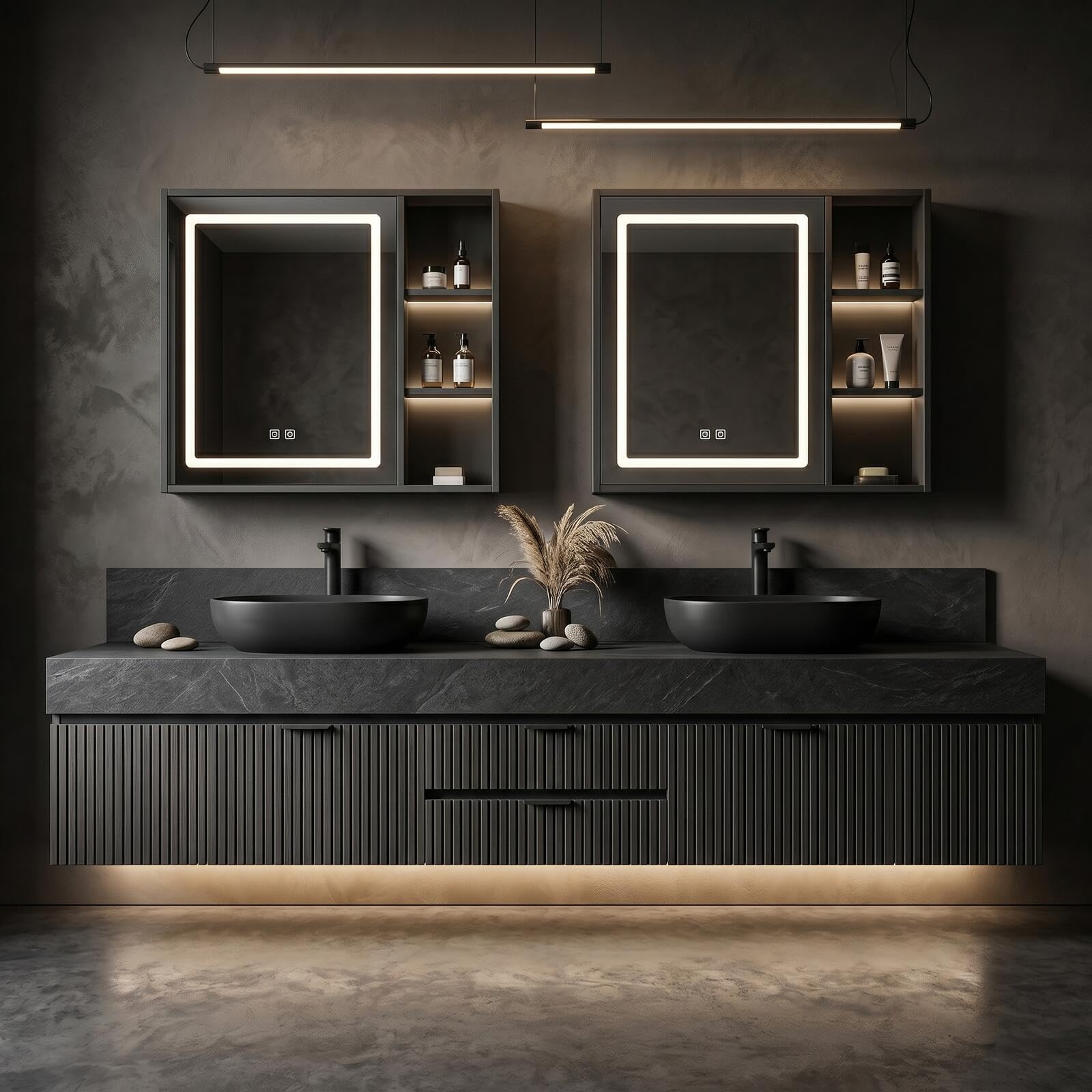60"-96"Luxuriou Floating Double Sink Vanity with Dark Stone Finish