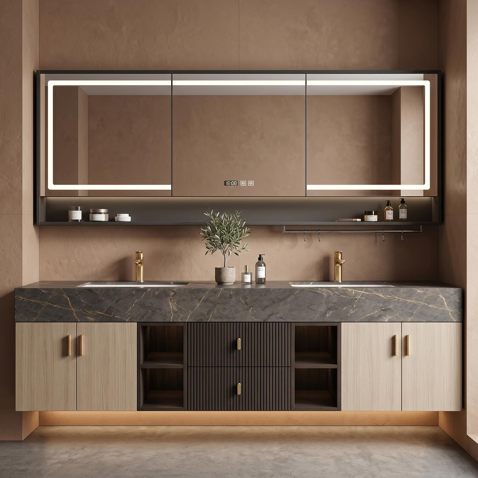 68''-96''Bathroom Vanity with Sink  Modern Floating Double Vanity with Dark Marble Top