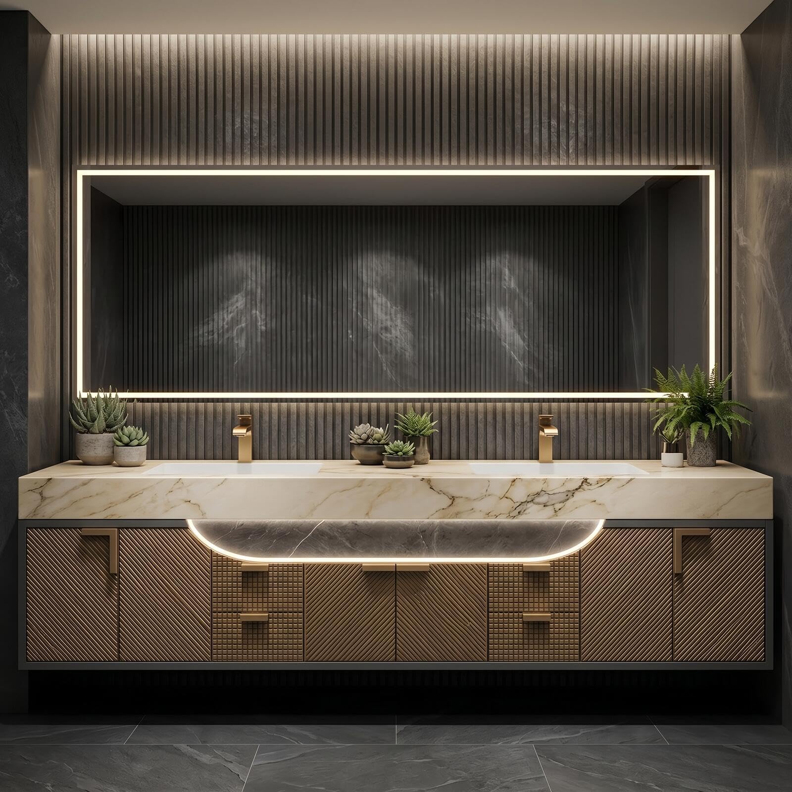 60‘’-96‘’ Floating Bathroom Vanity with Curved Ambient Light