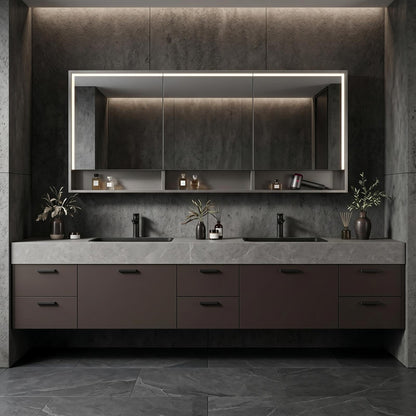 60‘’-96‘’Modern Floating Double Sink Vanity with Dark Stone Finish