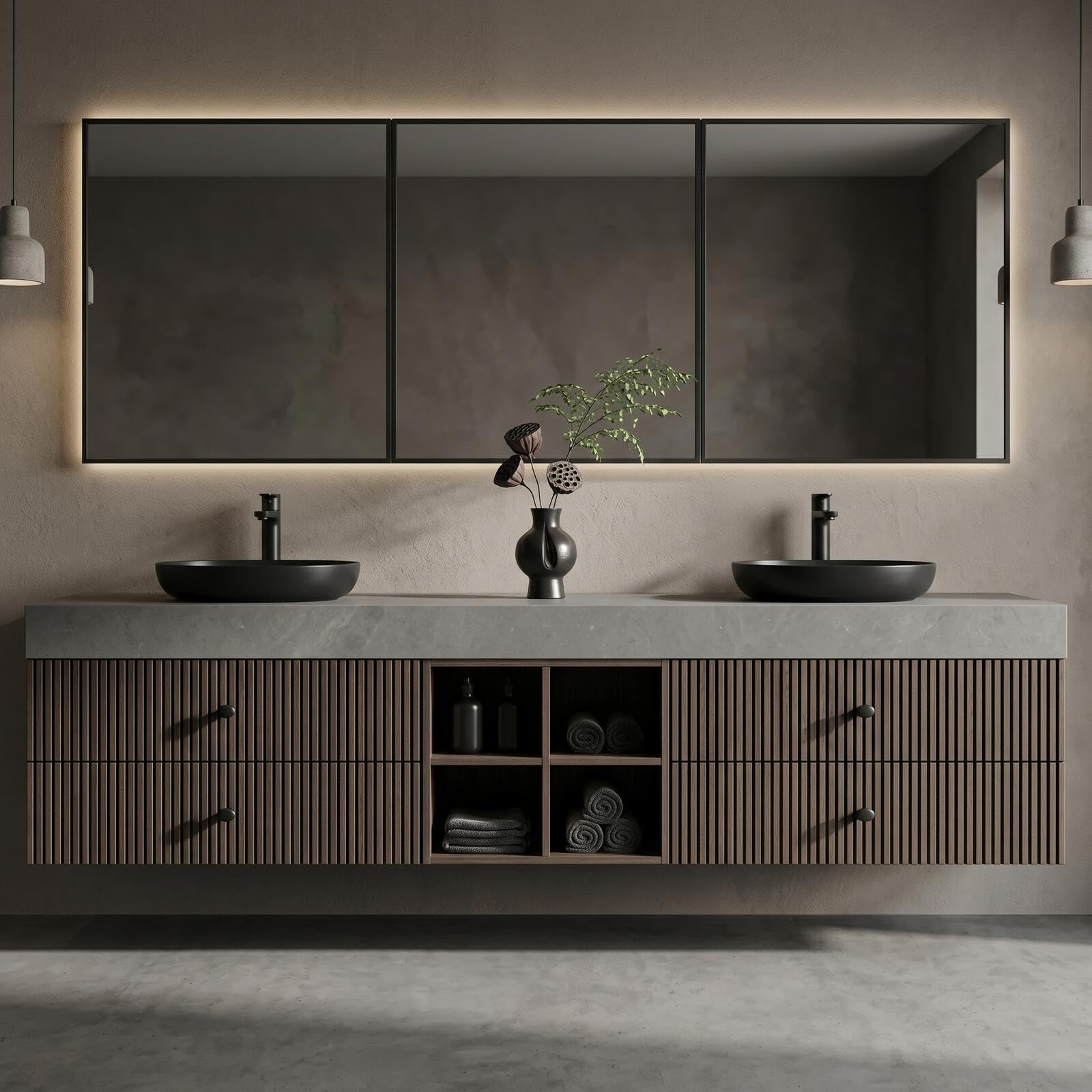 60''-96''Elegant Modern Double Sink Vanity with Dark Walnut Finish
