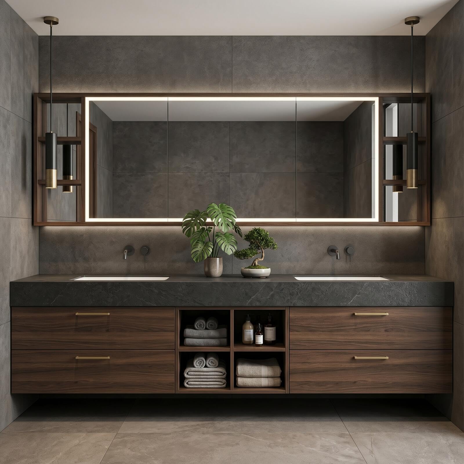 60“-96”Elegant Double Sink Vanity in Dark Walnut with Open Shelf for Bathroom Organization