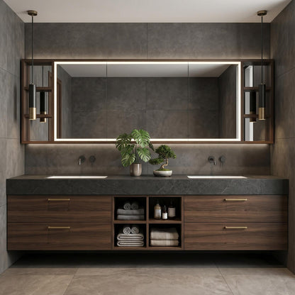 60“-96”Elegant Double Sink Vanity in Dark Walnut with Open Shelf for Bathroom Organization