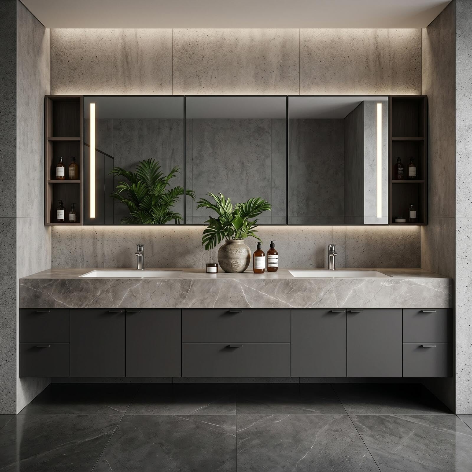 68‘’-96‘’ Modern Floating Double Sink Vanity with Grey Marble-Look Surface