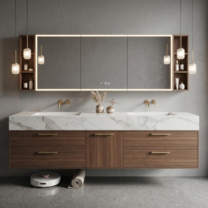 60‘’-96‘’Modern Floating Double Sink Vanity with Clean Marble Top