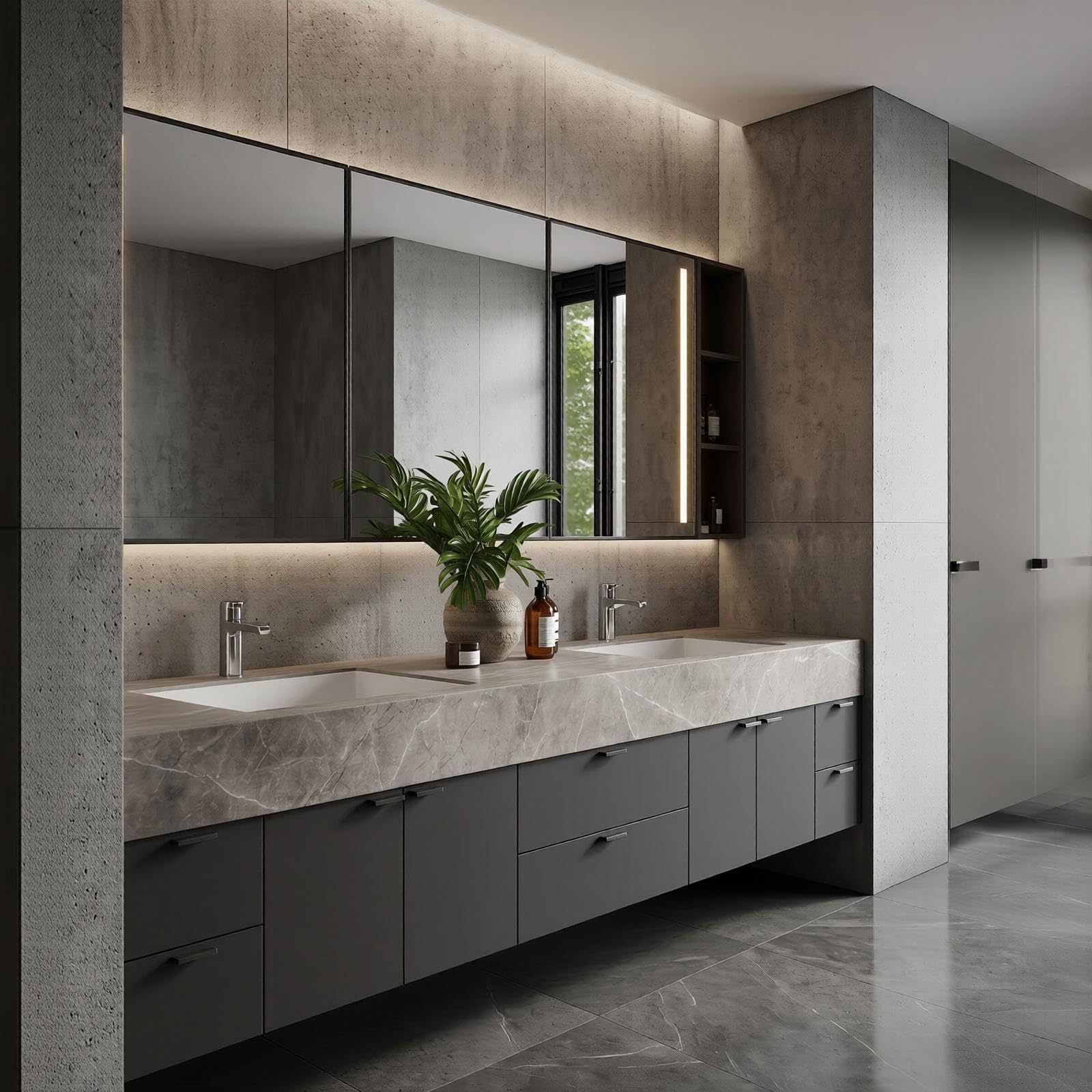 68‘’-96‘’ Modern Floating Double Sink Vanity with Grey Marble-Look Surface