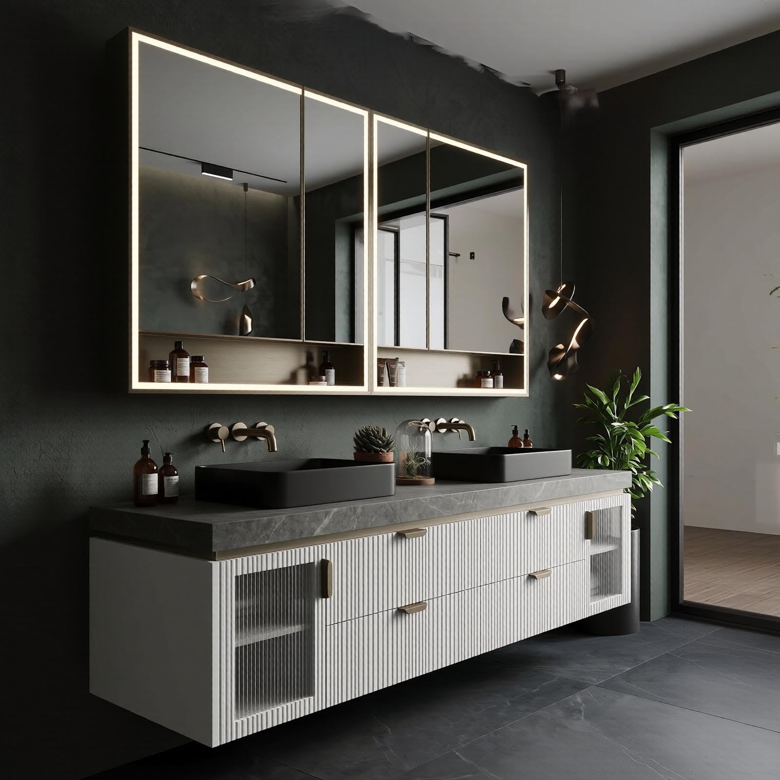 60''-96''Bathroom Vanity with Sink Double Sink Floating Vanity with Fluted Ribbed Panels