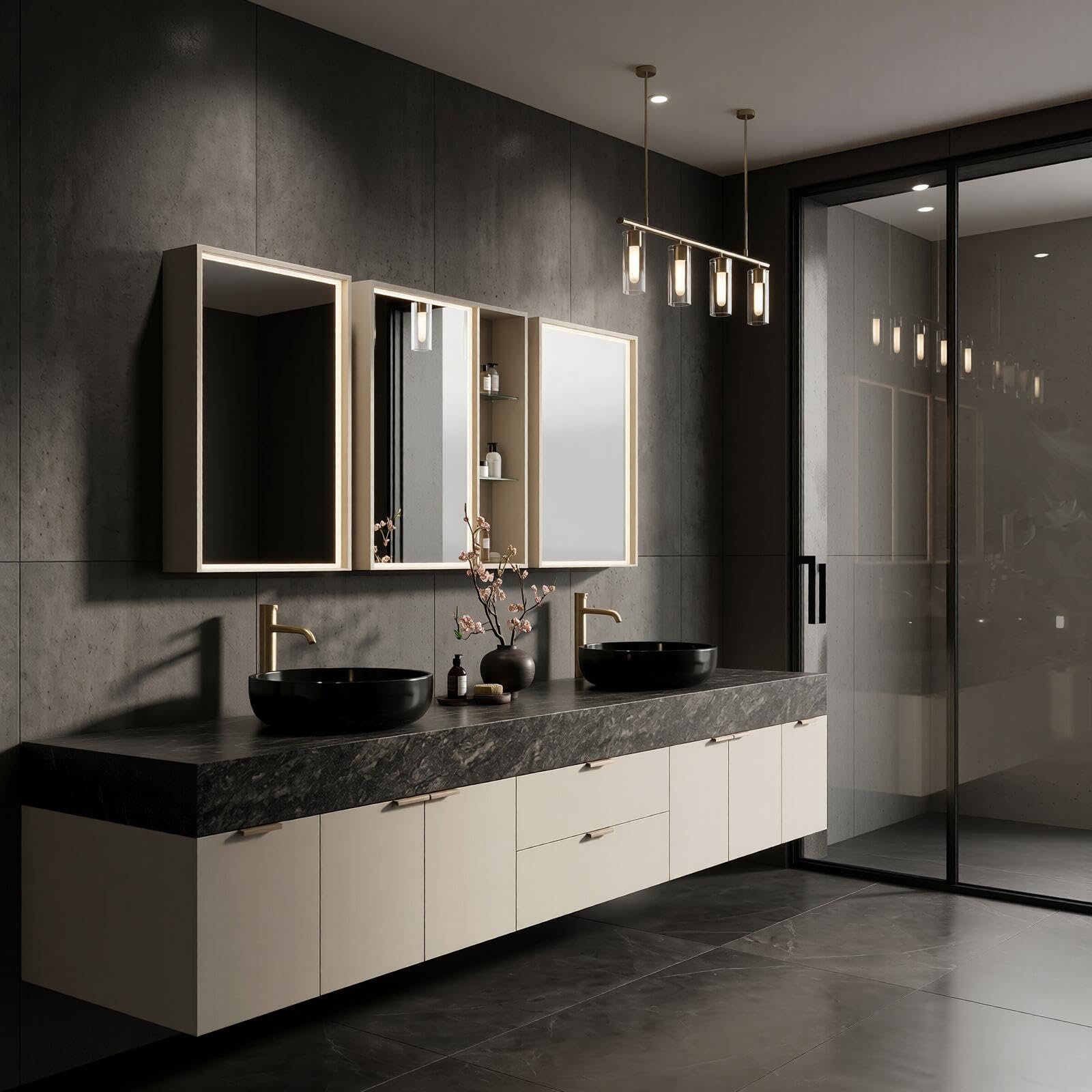 68” - 96”Elegant Luxurious  Floating Double Sink Vanity with Dark Walnut Finish