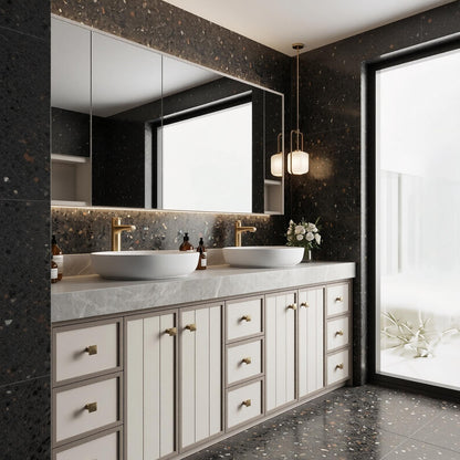 68‘’-96‘’Modern Floor Standing Double Sink Vanity with White Paneled Front