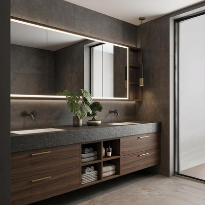 60“-96”Elegant Double Sink Vanity in Dark Walnut with Open Shelf for Bathroom Organization