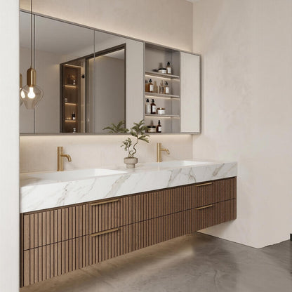 60"-96"Modern Floating Double Sink Vanity with Slatted Front Panel