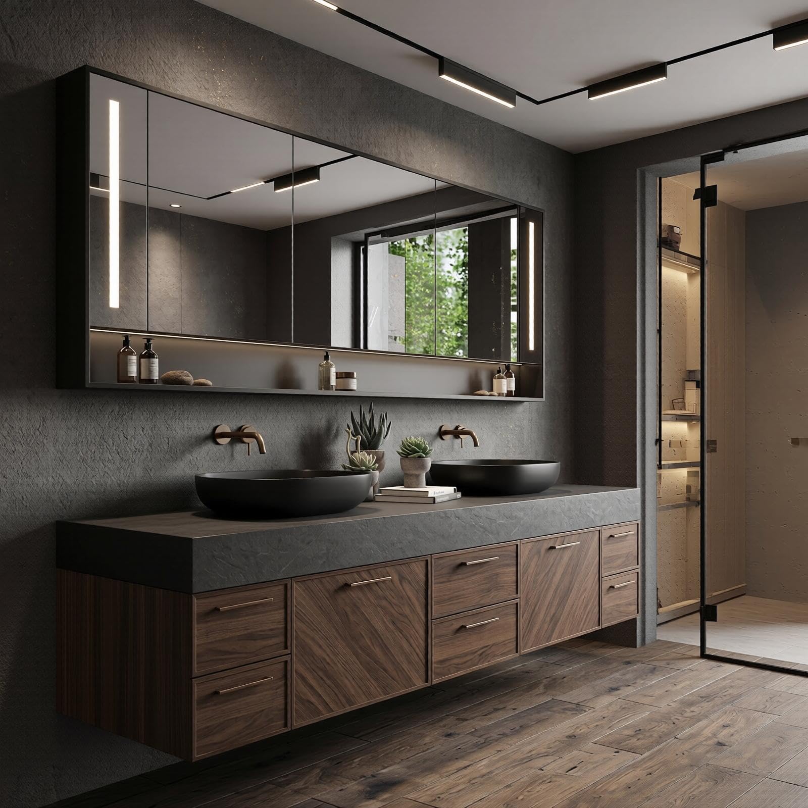 68‘’-96‘’Modern Floating Double Vanity with Dark Stone Top