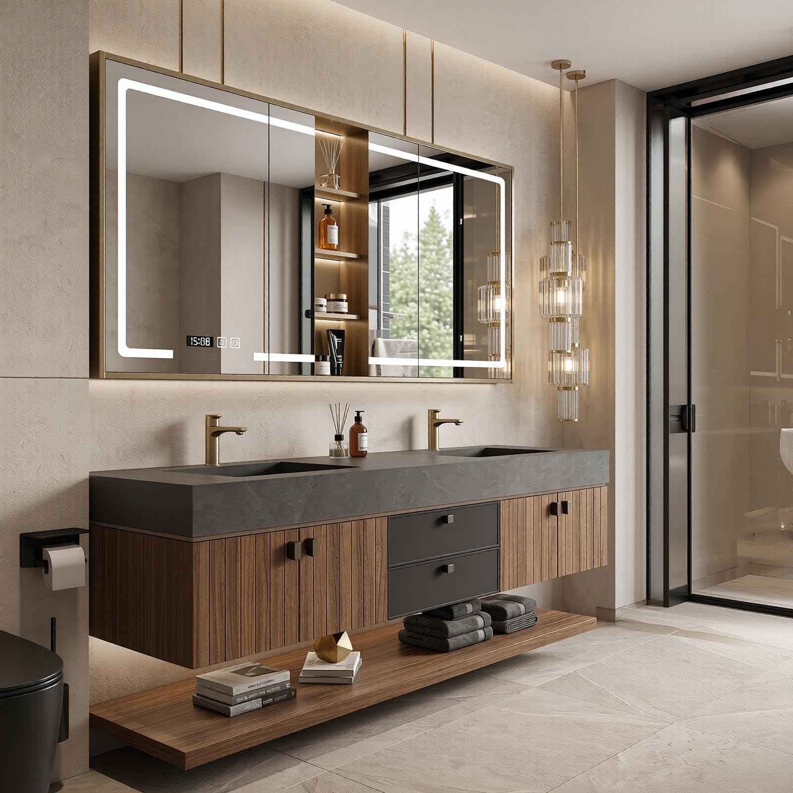 60''-96''Modern Floating Double Vanity with Dark Stone Top