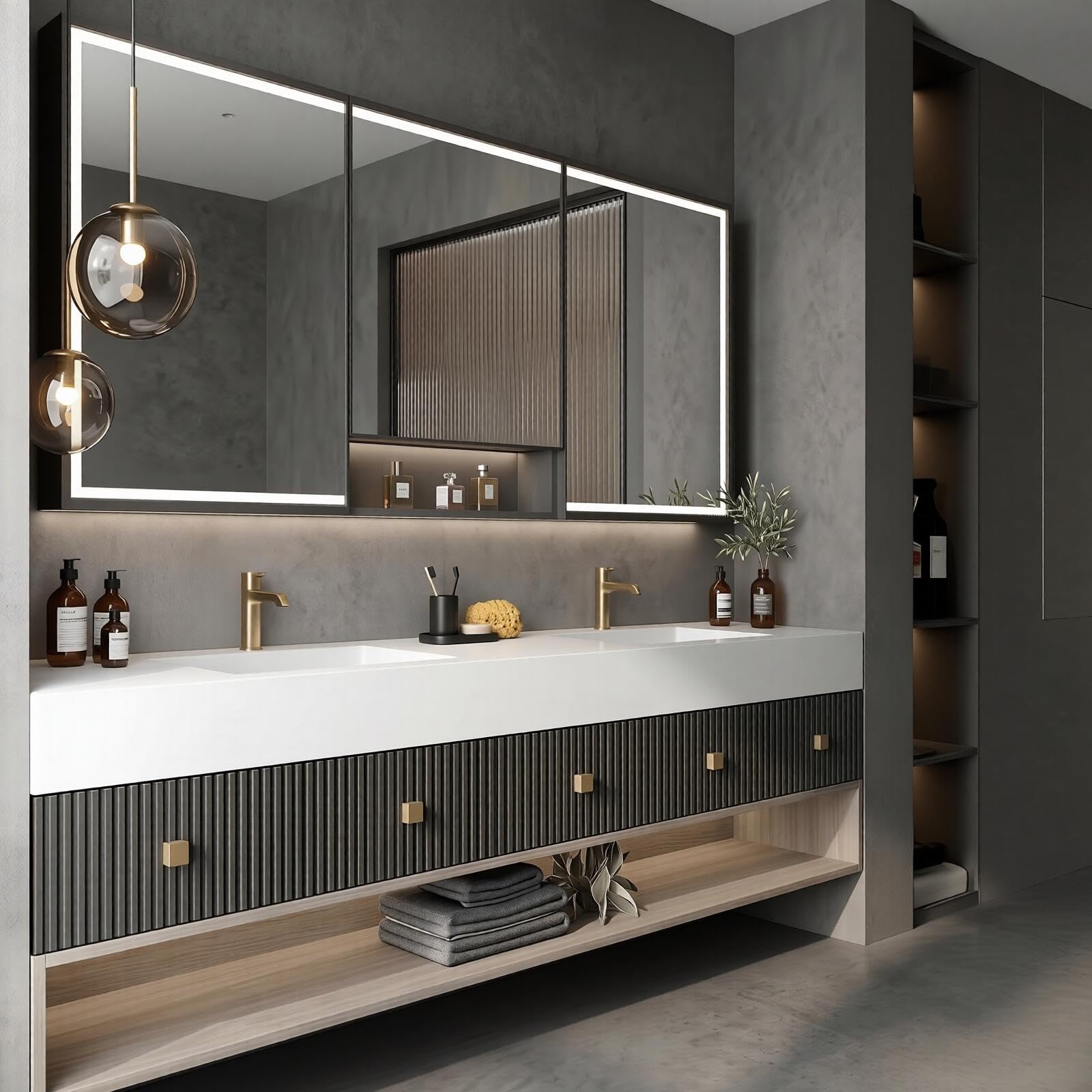 68''-96''Bathroom Vanity with Sink Modern Floating Featuring Ribbed Panel Fronts in Dark Grey