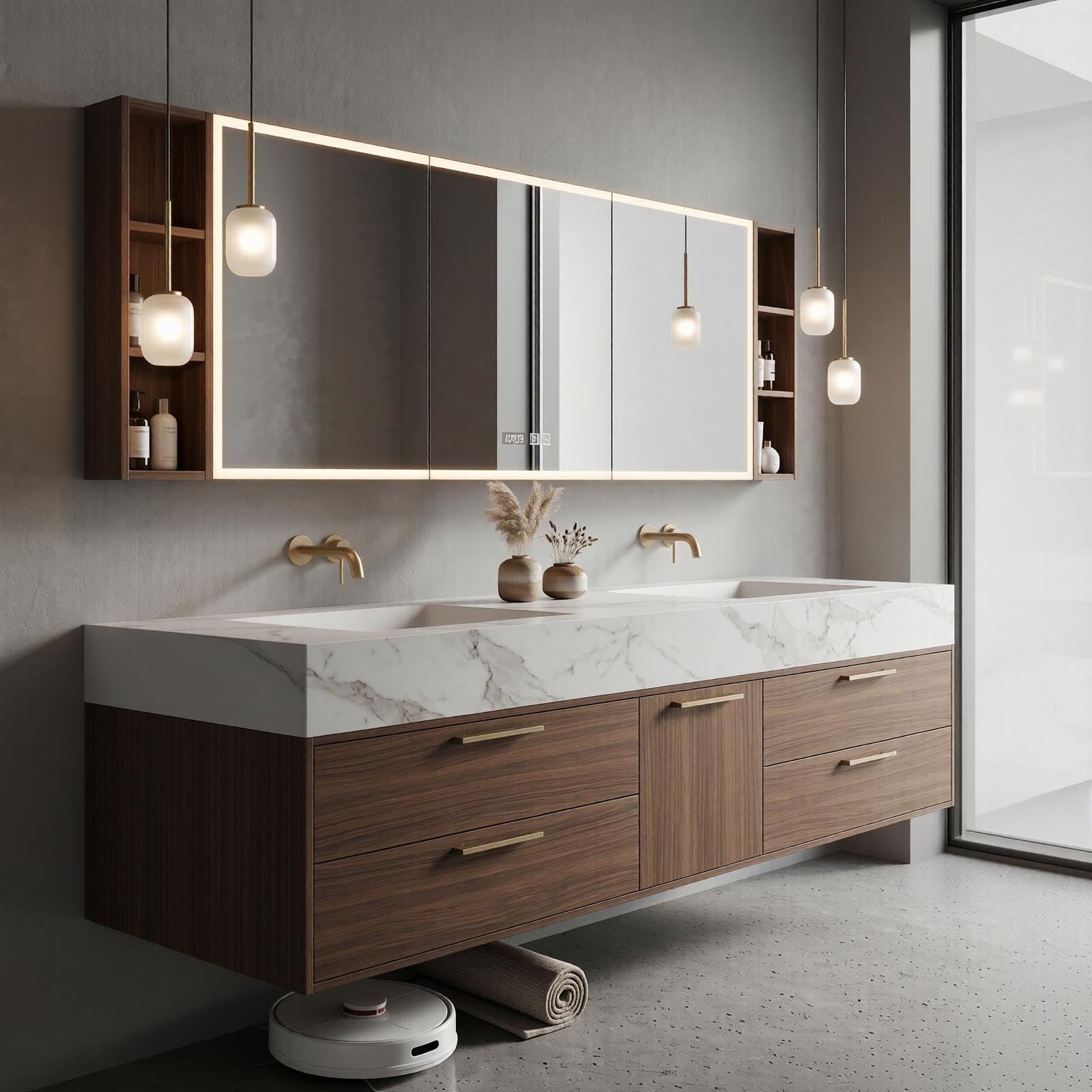 60‘’-96‘’Modern Floating Double Sink Vanity with Clean Marble Top