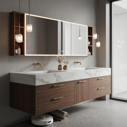 60‘’-96‘’Modern Floating Double Sink Vanity with Clean Marble Top