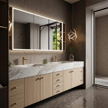 68''-96''Modern Floating Double Sink Vanity Featuring Warm Light Wood Finish