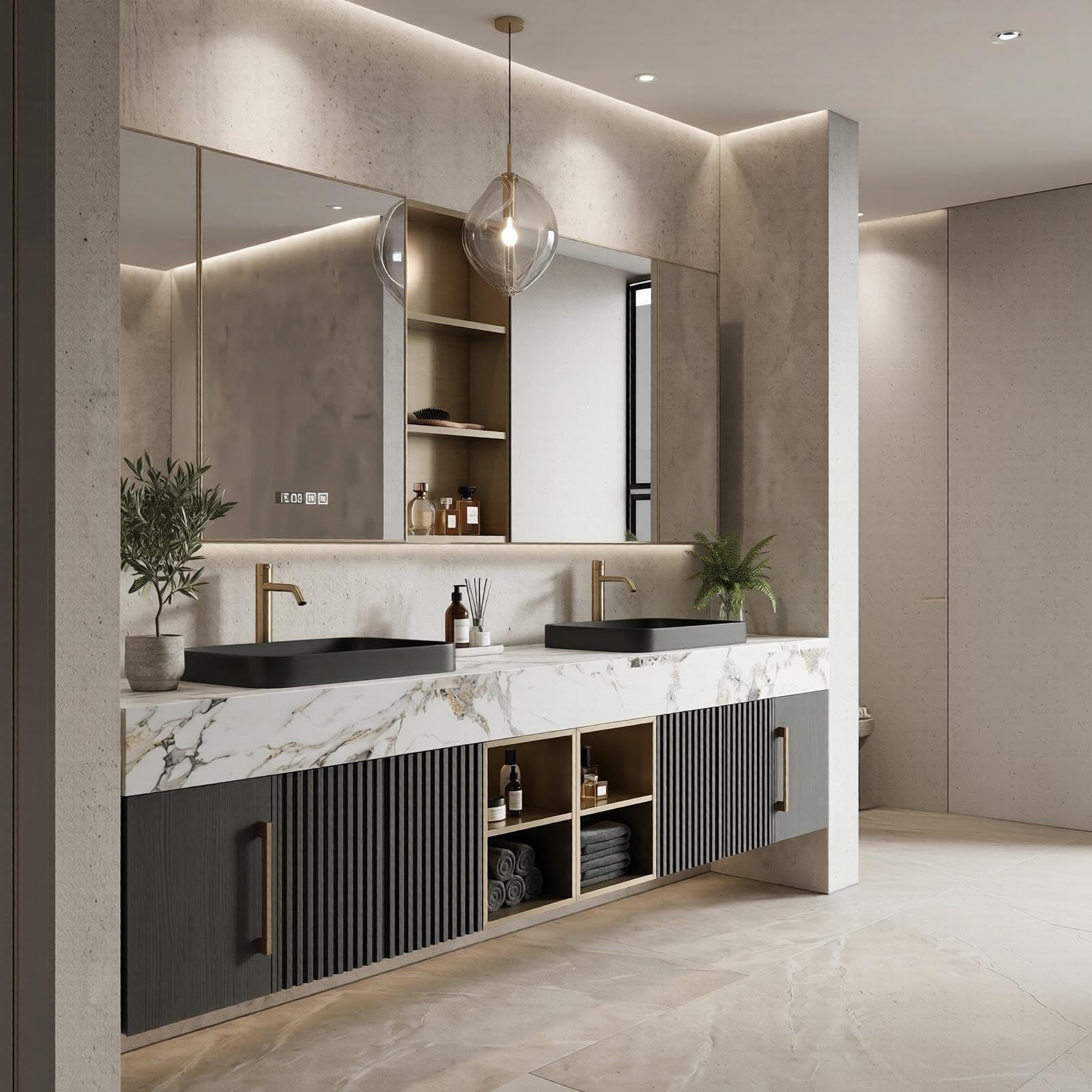 68''-96''Sleek Modern Floating Double Sink Vanity with Dark Grey Fluted Panels