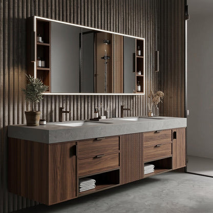 68''-96''Sleek Floating Vanity with Slatted Center Panel