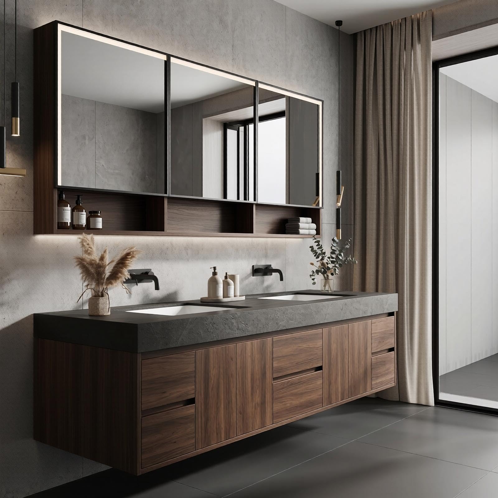 68''-96'' Luxurious Floating Double Sink Vanity with Rich Walnut Wood Grain Finish