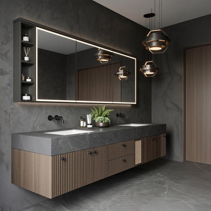68‘’-96‘’ Luxury Floating Double Sink Bathroom Vanity with Dark Walnut Finish