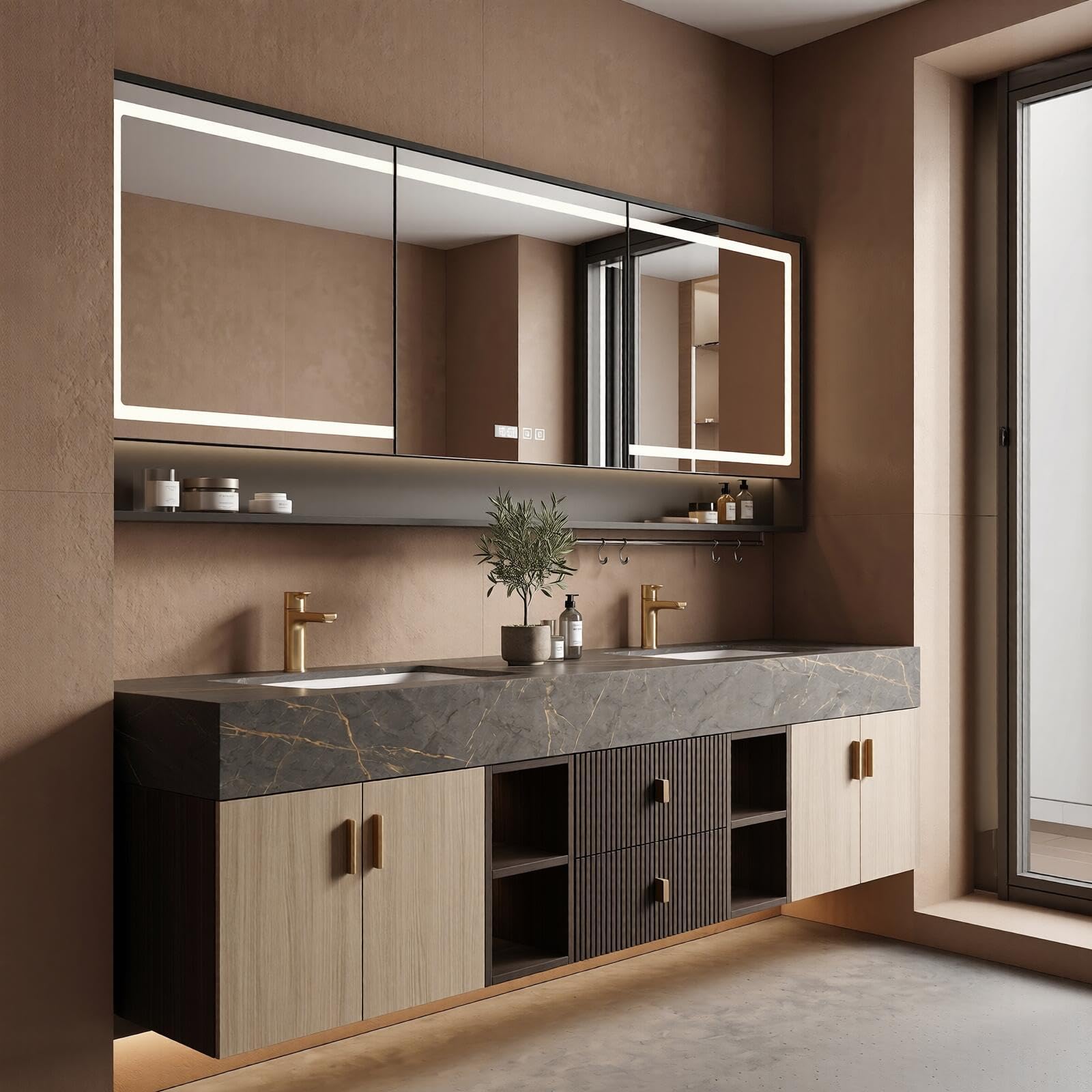 68''-96''Bathroom Vanity with Sink  Modern Floating Double Vanity with Dark Marble Top