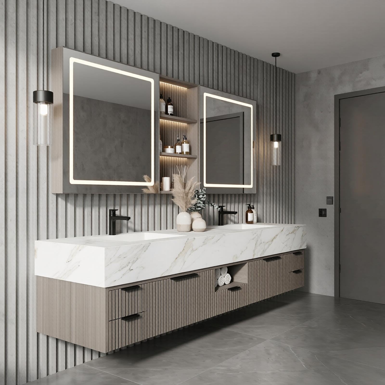 68“-96”Double Sink Vanity with Vertical Slatted Front