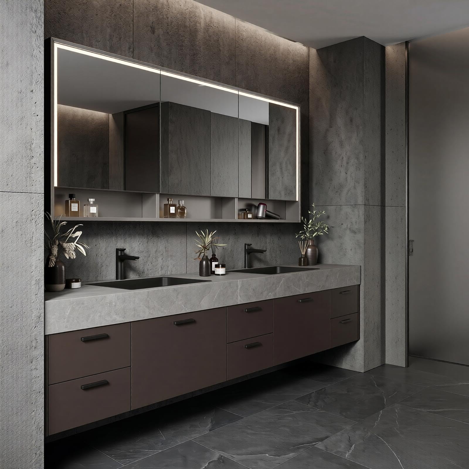 60‘’-96‘’Modern Floating Double Sink Vanity with Dark Stone Finish