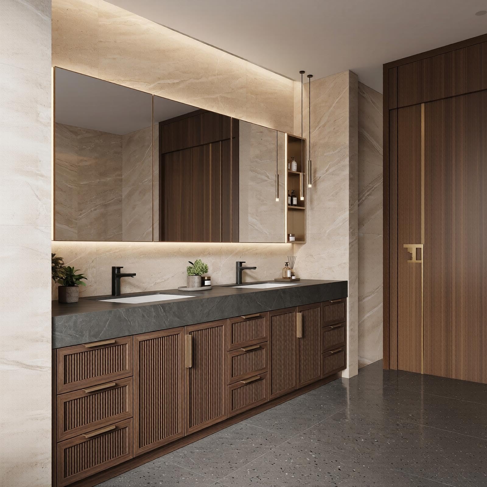 68” - 96”Modern Floating Double Vanity with Dark Stone Top