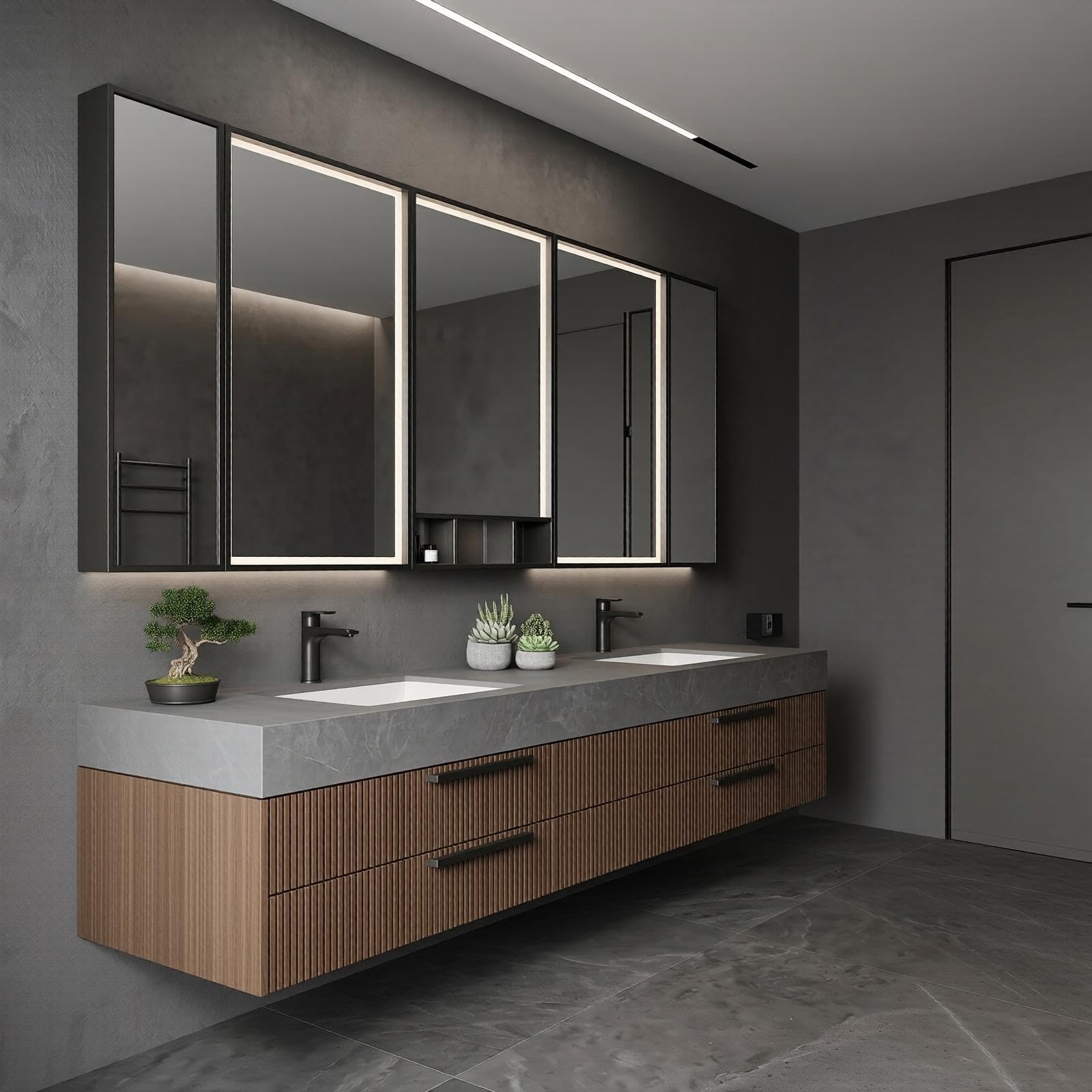 60‘’-96‘’ Modern Floating Double Sink Vanity with Grey Stone Top