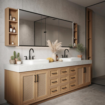 68‘’-96‘’Bathroom Vanity with Sink Modern Solid Wood Double Sink Vanity with Cane Mesh Doors